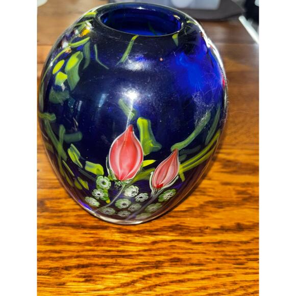 Arthur Kusak Hand Blown Glass Vase Millifiori Floral No Chips Cracks Heavy 5” - Picture 2 of 8